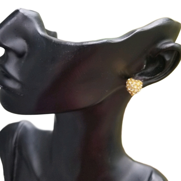 MONET VINTAGE 80s GOLDTONE & PAVE CRYSTAL HEART EARRINGS - Picture 2 of 6